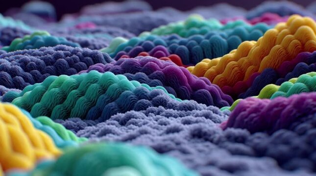 A macro abstract texture of colorful wool yarn fibers in red, blue, and yellow showing a detailed knit pattern for textile craft and fashion material