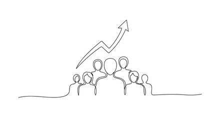 Continuous line drawing of diverse group with rising arrow highlighting growth and success. no editable stroke