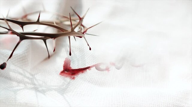 A crown of thorns symbolizing the suffering of Jesus Christ, the word LOVE stained with dripping blood, and a background for the Lenten Easter season during Holy Week.
