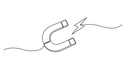 Fototapeta premium Line art illustration of a horseshoe magnet with lightning bolt on white background. no editable stroke