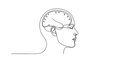 Outline of human brain and head profile in simple line art drawing. no editable stroke