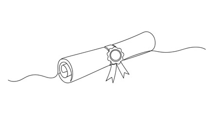 Obraz premium Black and white line drawing of rolled diploma with ribbon seal. no editable stroke