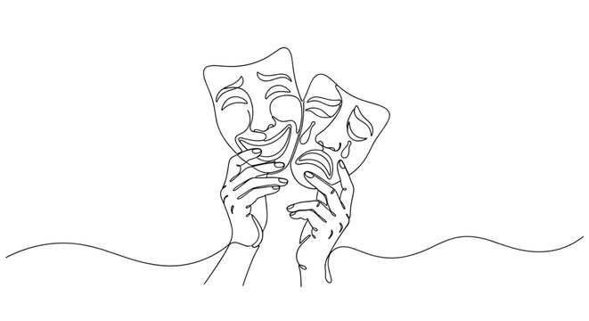 Minimalist line art of classic comedy and tragedy theater masks. no editable stroke