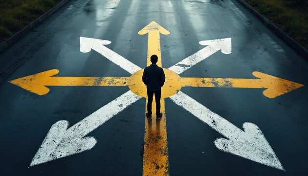 Man stands at crossroads with many arrows pointing different ways. Symbolizes choices and uncertainty. Wet road surface, dark urban setting, night time lighting. Represents dilemma.