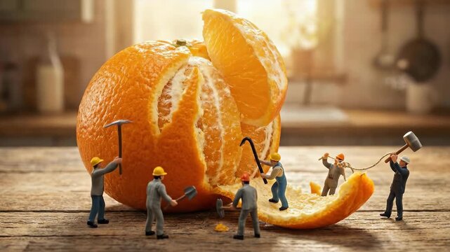 Tiny worker figurines peeling an orange on a rustic wooden table, representing hard work and teamwork in a humorous, food-related concept.