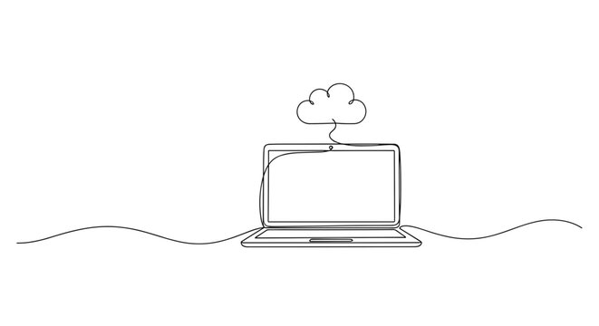 Minimalistic laptop with cloud symbol: technology and connectivity concept illustration. no editable stroke