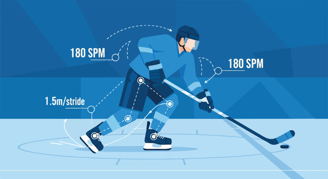 Ice hockey player in action with performance data: stride length and strokes per minute. Vector illustration depicting sports science and movement on ice.