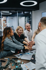 A diverse team of colleagues place hands together on a conference table. They smile and show teamwork in a bright office with papers and festive decor.