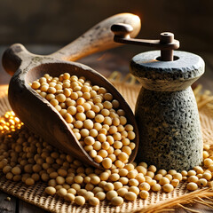 Soybeans overflowing from a worn wooden scoop