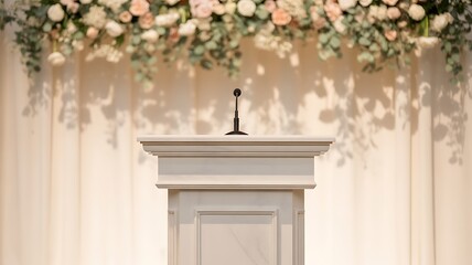 White Podium with Microphone and Floral Arch Backdrop