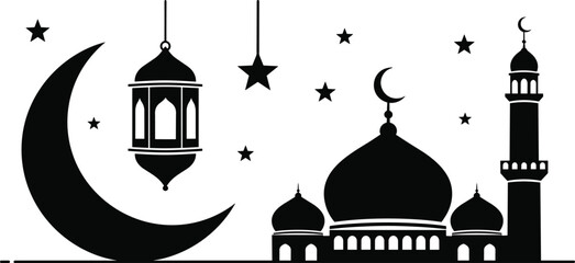 Ramadan kareem silhouette banner with hanging lantern mosque dome stars and crescent moon for islamic holy month design © Emongrapic