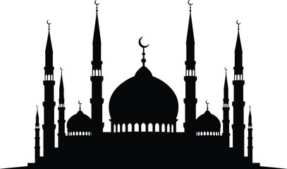 Grand mosque architecture silhouette with multiple minarets and central dome decorated with crescent moon for ramadan © Emongrapic