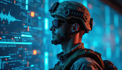 Soldier in tactical gear and helmet looking at futuristic digital data screen. Man uses modern tech for military mission planning. Analysis of cyberspace intelligence. Future war strategy.