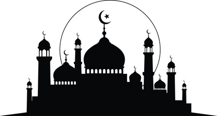 Grand mosque building with domes and minarets at sunset Islamic culture religious landmark silhouette vector © Emongrapic