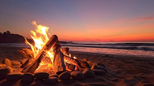 Beach campfire with sunset sky