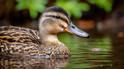 Juvenile waterfowl swims calmly on dark water with vibrant foliage in the background