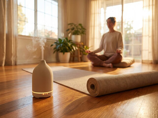 An aroma diffuser emitting steam in cozy the living room, and a woman sits in a meditation pose on a yoga mat in the background. Morning wellness practice and mindfulness
