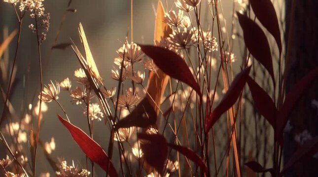Golden autumn leaves and wild flora glow under the setting sun in a vibrant forest meadow filled with seasonal trees and lush green grass