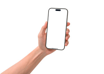 Hand showing smartphone mockup with transparent screen isolated on transparent background. Mobile phone with empty display for copy space.