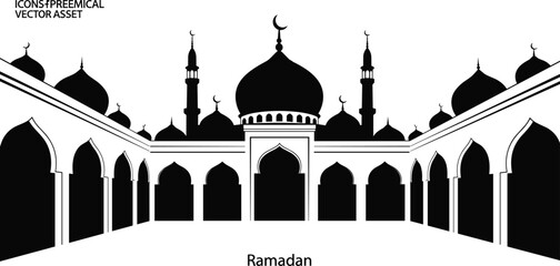 Grand mosque architecture silhouette with minarets and domes for ramadan kareem event banner or islamic greeting design © Emongrapic