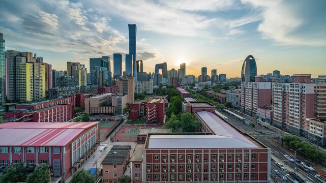 Beijing Guomao Skyline Sunset with Clouds and Modern Architecture
