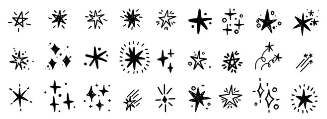 Twinkling glistering doodle star collection in hand drawn simple minimalistic style. Vector burst line space elements.  © Alina Nikitaeva