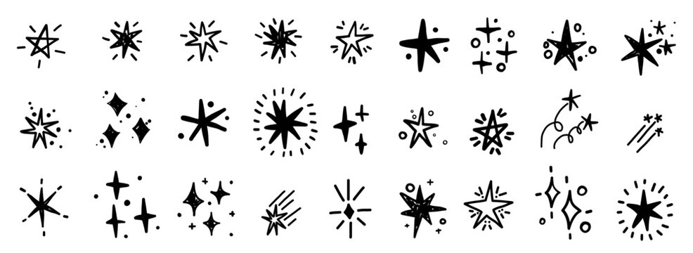 Twinkling glistering doodle star collection in hand drawn simple minimalistic style. Vector burst line space elements. 