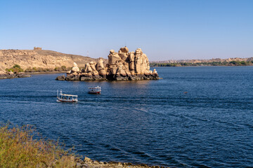 Tour Boats Near Rocky Island on Nile in Aswan, Egypt