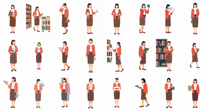 Professional female librarian vector set showing different actions: carrying books, organizing shelves, stamping, reading, and performing library duties.