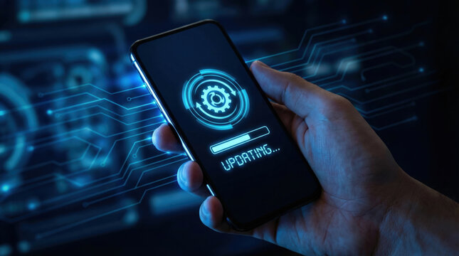 Close up of hand holding smartphone with software update in progress. System installation with loading bar on digital screen, representing modern technology and innovation