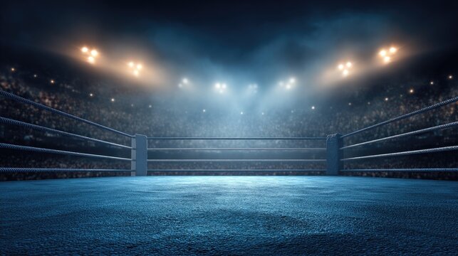 Illuminated combat square enclosed by ropes stands ready for competition beneath stadium lights