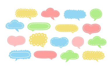 Doodle colorful speech bubble set. Concept of asking frequent questions or communication. Hand drawn text box for FAQ and solution. Vector illustration