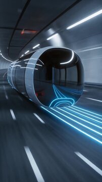 Futuristic hyperloop capsule gliding through a transparent vacuum tube at ultra high speed