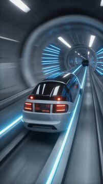 Futuristic hyperloop capsule gliding through a transparent vacuum tube at ultra high speed
