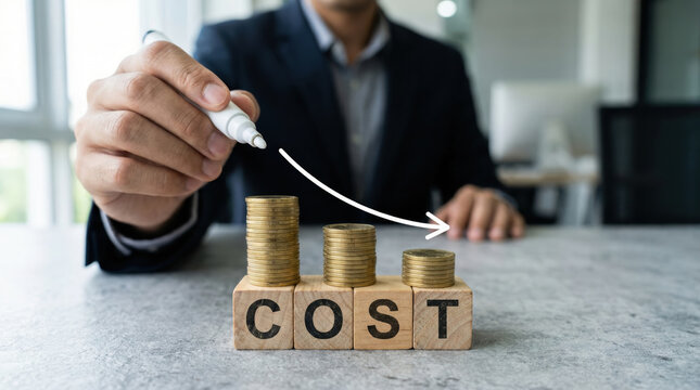 Focused businessman draws an arrow for cost reduction concept. Hand showing decrease in money and finance for business saving and management of company economy