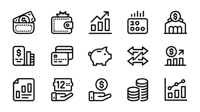 Financial icons depicting money growth transactions and economic concepts in black and white