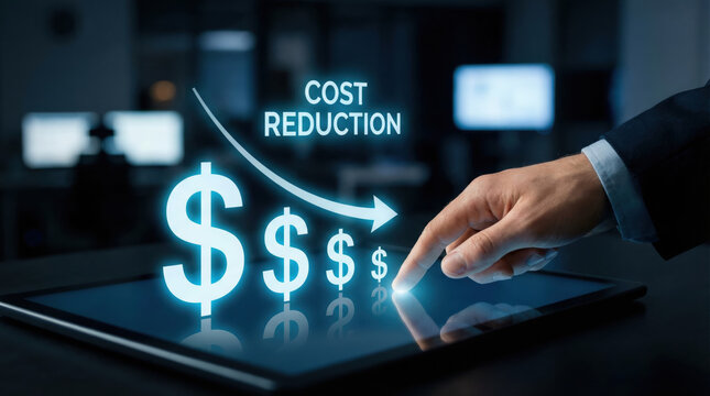 Focused business concept of cost reduction and finance saving. manager uses technology to cut expense and manage budget for better economy and corporate strategy
