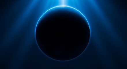 Luminous blue ring surrounds a darkened sphere, emanating light beams