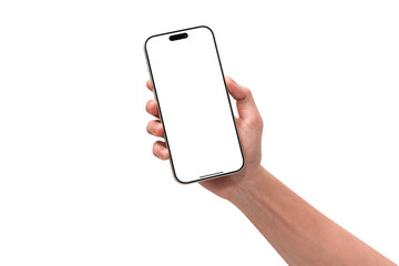 Hand showing smartphone mockup with transparent screen isolated on transparent background. Mobile phone with empty display for copy space.
