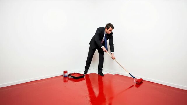 Caucasian man painting himself into a corner with red paint. Concept of business trap, deadline, financial problem, or difficult situation.