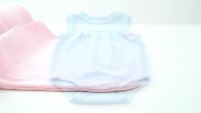 A soft pink blanket unrolls gently on a white surface. A cute blue baby romper appears, ready for an infant.