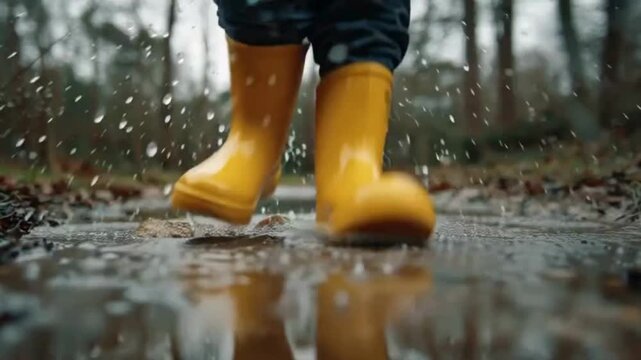 A child in yellow rain boots joyfully splashing in a muddy puddle, creating water splashes in a natural outdoor setting.