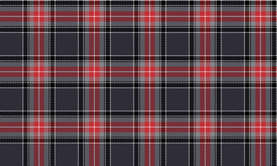 Seamless plaid fabric in black, red, gray, and white is ideal for clothing, skirt, and trouser designs, creating a modern and unique fashion atmosphere.