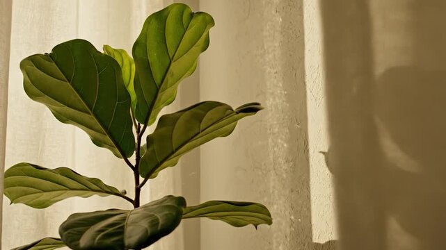 Fiddle leaf fig plant with large green leaves, alongside cream-colored wall