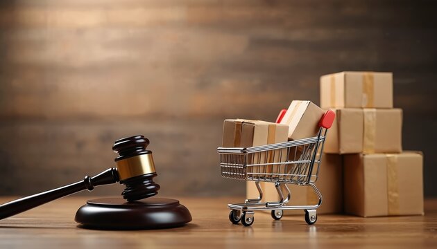 Lawyer gavel near shopping cart full of parcels. Judge hammer on wooden table beside delivery boxes. Online shopping law consumer protection legal services.