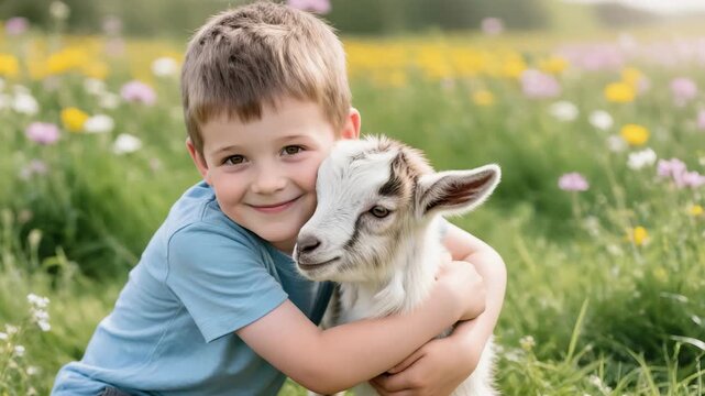 Smiling young boy hugging a baby goat in a blooming meadow full of green grass and wildflowers. Concept of childhood joy, farm life, and animal friendship in summer nature.