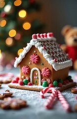 Obraz premium Gingerbread house decorated with icing candy and gumdrops. Christmas tree and teddy bear visible in soft focus background. Festive scene with sweets and holiday cheer.