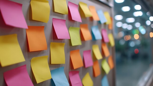 A wall filled with colorful sticky notes representing ideas and planning in an office setting