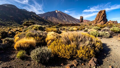 Expansive landscape showcasing volcanic peaks, lush vegetation, and rocky terrain under a vibrant blue sky