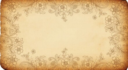 Vintage parchment paper with ornate floral border and distressed edges, antique background